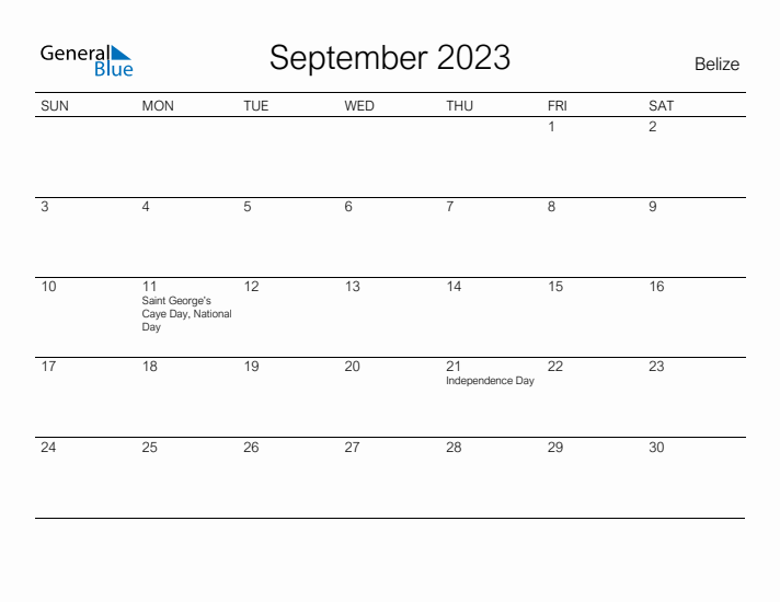 Printable September 2023 Calendar for Belize