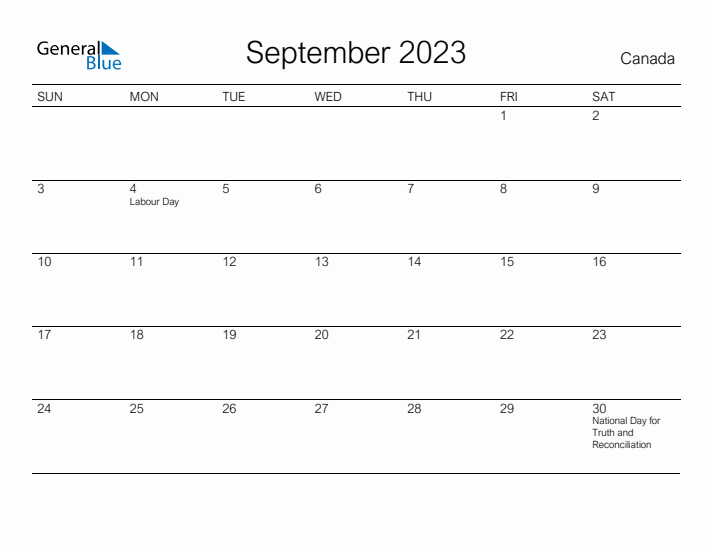 Printable September 2023 Calendar for Canada