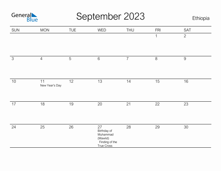 Printable September 2023 Calendar for Ethiopia