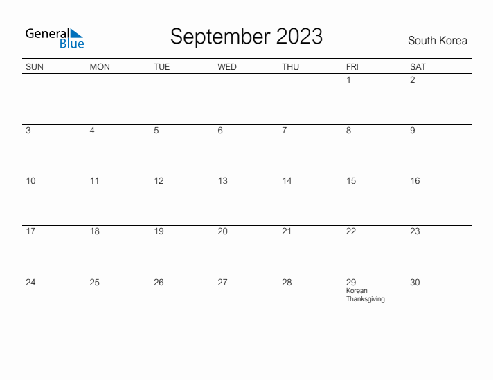 Printable September 2023 Calendar for South Korea