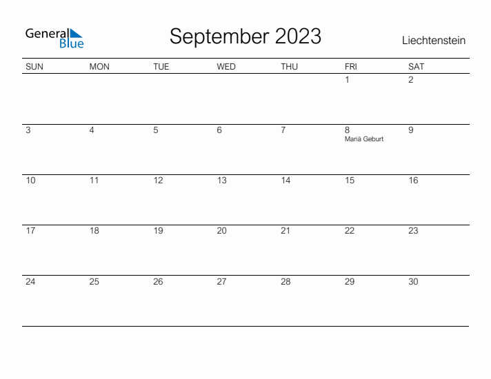 Printable September 2023 Calendar for Liechtenstein