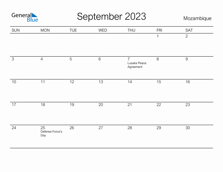 Printable September 2023 Calendar for Mozambique