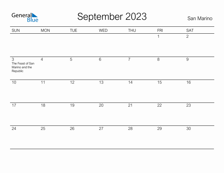 Printable September 2023 Calendar for San Marino