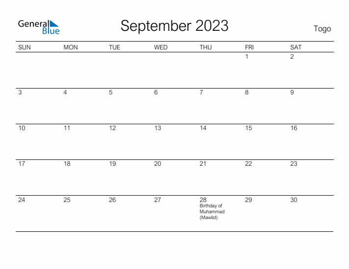 Printable September 2023 Calendar for Togo