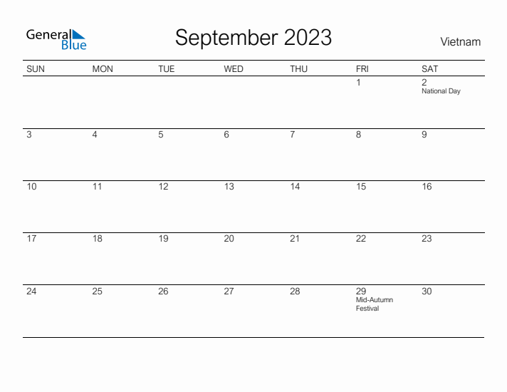 Printable September 2023 Calendar for Vietnam