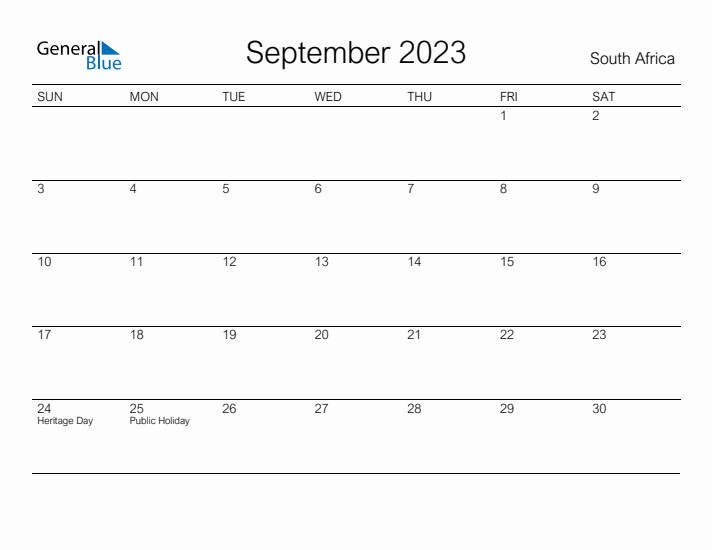 Printable September 2023 Calendar for South Africa