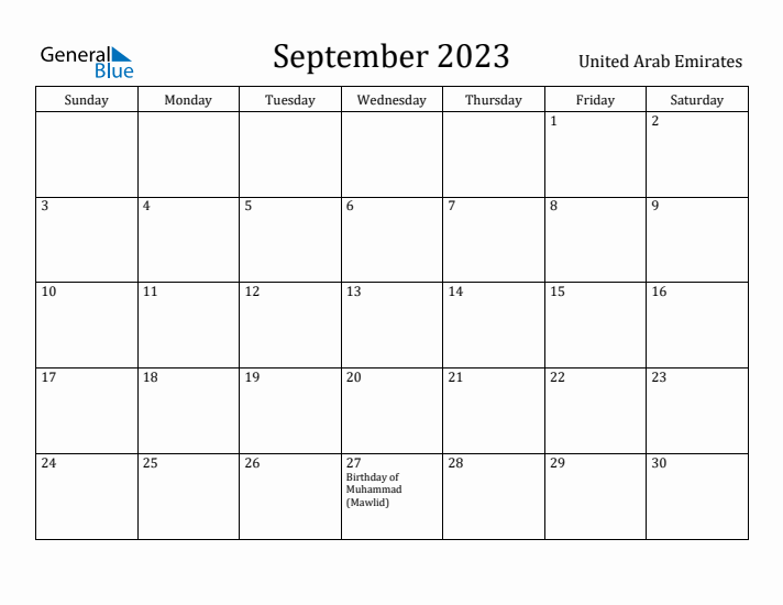 September 2023 Calendar United Arab Emirates