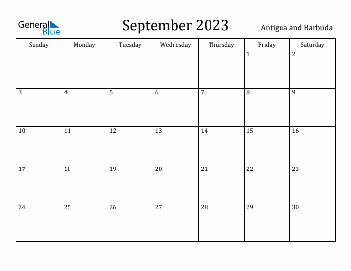 September 2023 Calendar Antigua and Barbuda