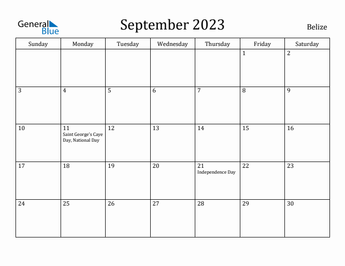 September 2023 Calendar Belize