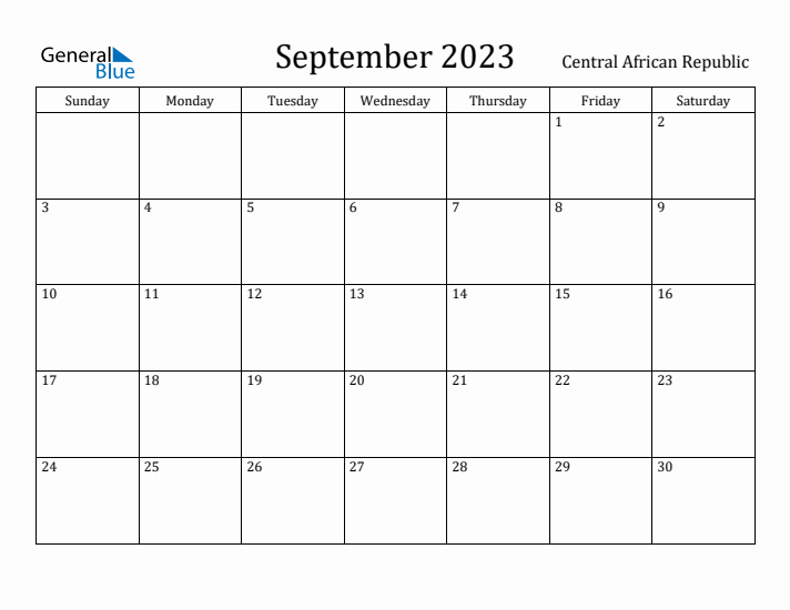 September 2023 Calendar Central African Republic