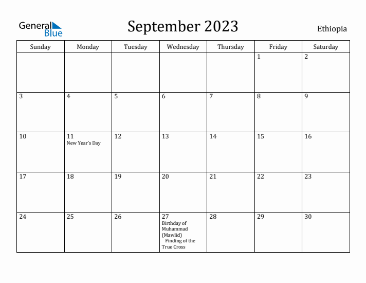 September 2023 Calendar Ethiopia