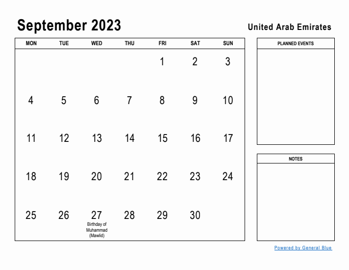 September 2023 Printable Monthly Calendar with United Arab Emirates Holidays