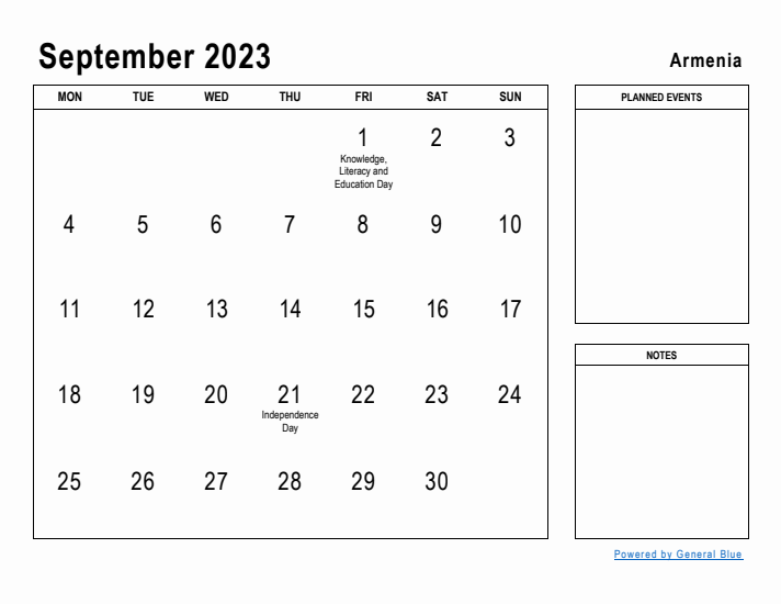 September 2023 Printable Monthly Calendar with Armenia Holidays