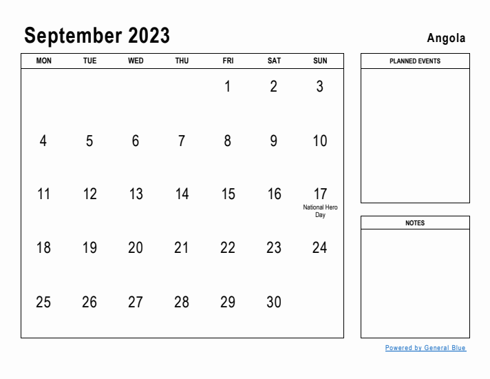 September 2023 Printable Monthly Calendar with Angola Holidays