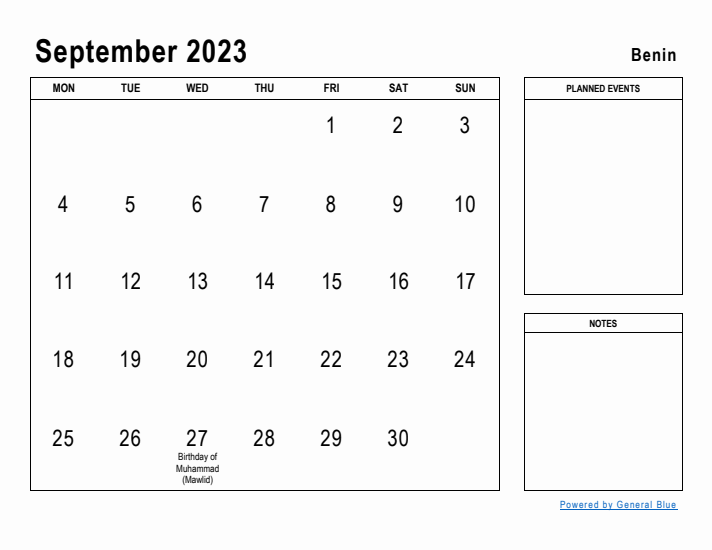 September 2023 Printable Monthly Calendar with Benin Holidays