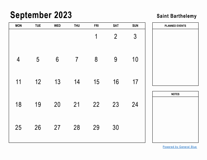 September 2023 Printable Monthly Calendar with Saint Barthelemy Holidays