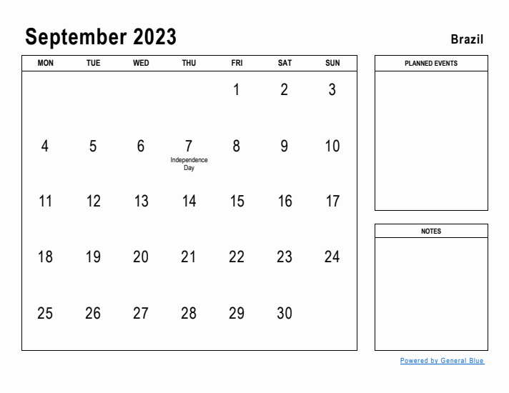 September 2023 Printable Monthly Calendar with Brazil Holidays