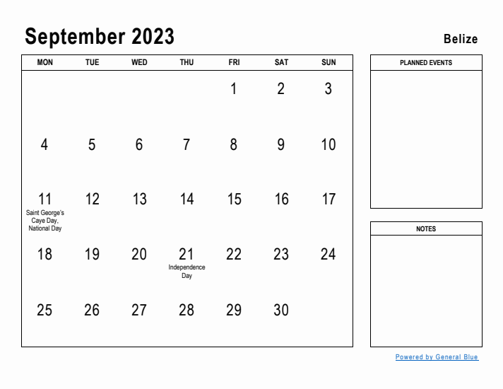 September 2023 Printable Monthly Calendar with Belize Holidays