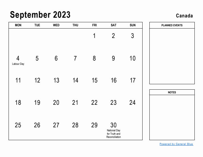 September 2023 Printable Monthly Calendar with Canada Holidays