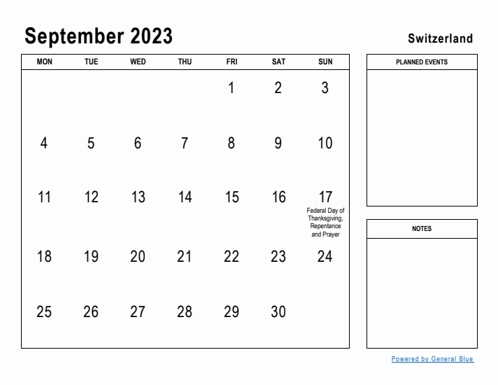 September 2023 Printable Monthly Calendar with Switzerland Holidays