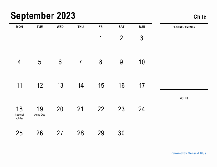 September 2023 Printable Monthly Calendar with Chile Holidays