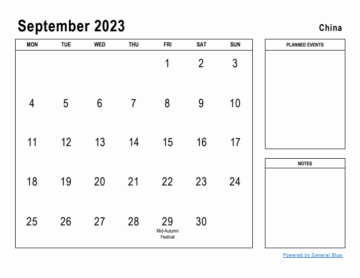 September 2023 Printable Monthly Calendar with China Holidays