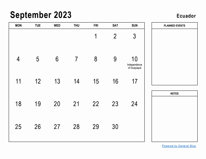 September 2023 Printable Monthly Calendar with Ecuador Holidays