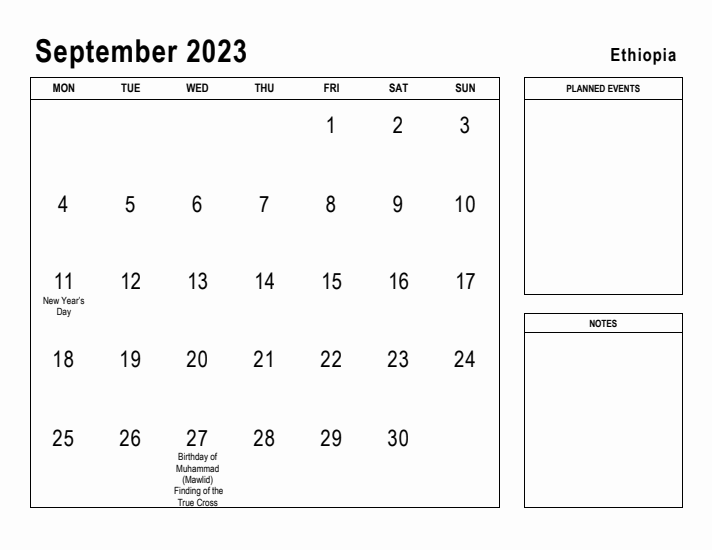 September 2023 Printable Monthly Calendar with Ethiopia Holidays