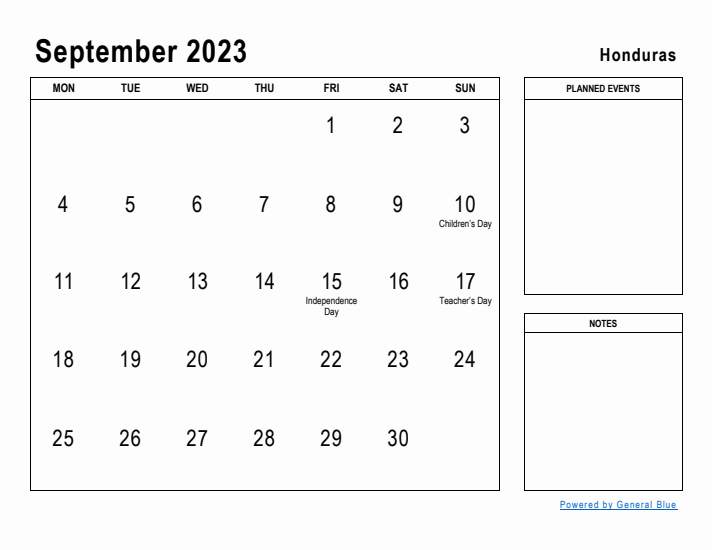 September 2023 Printable Monthly Calendar with Honduras Holidays