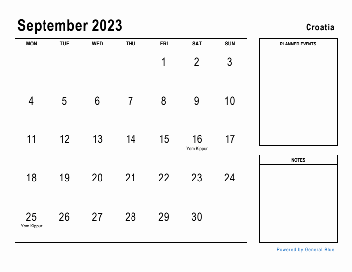 September 2023 Printable Monthly Calendar with Croatia Holidays