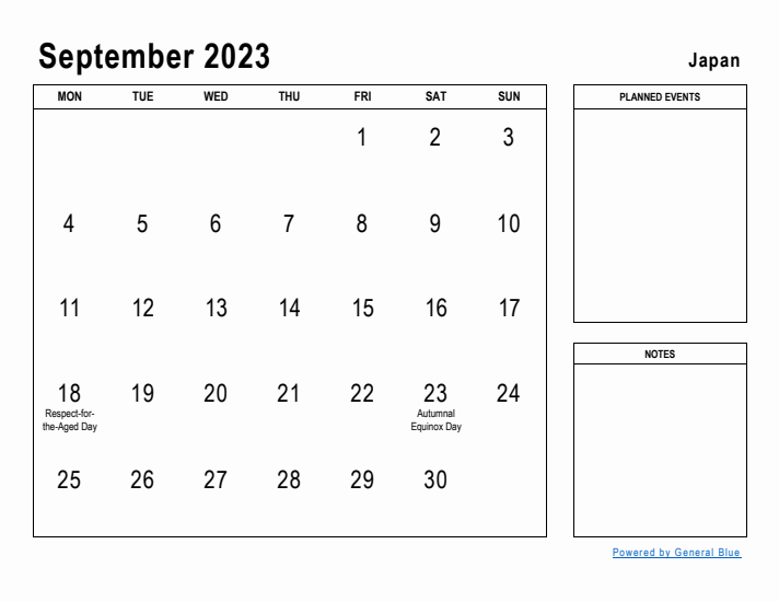 September 2023 Printable Monthly Calendar with Japan Holidays