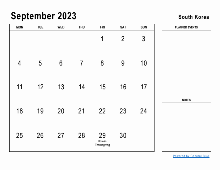 September 2023 Printable Monthly Calendar with South Korea Holidays