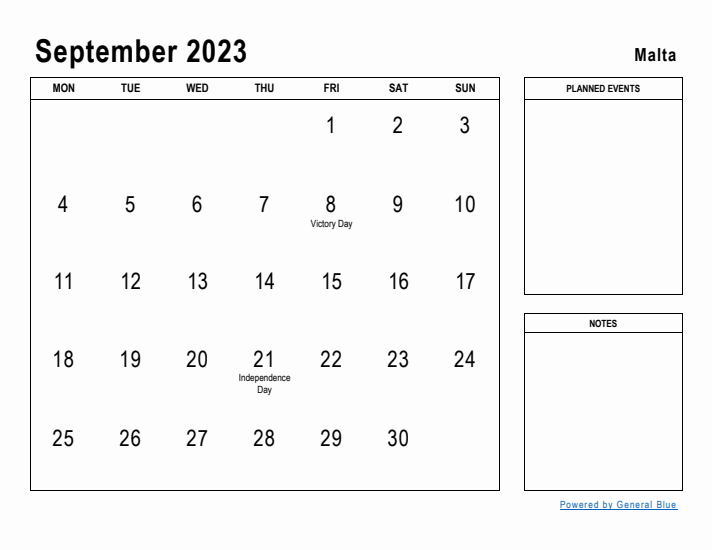 September 2023 Printable Monthly Calendar with Malta Holidays