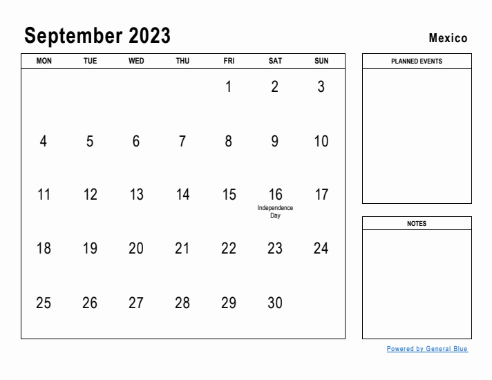 September 2023 Printable Monthly Calendar with Mexico Holidays