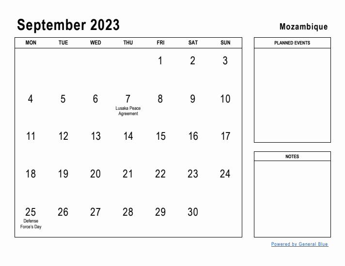 September 2023 Printable Monthly Calendar with Mozambique Holidays