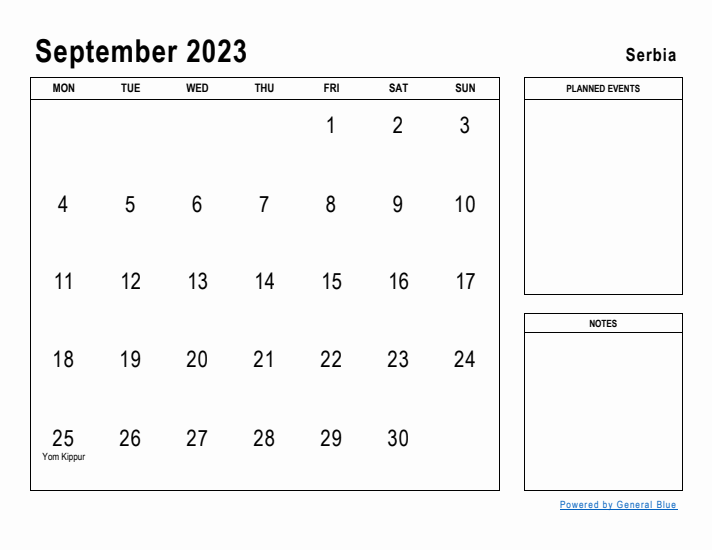 September 2023 Printable Monthly Calendar with Serbia Holidays