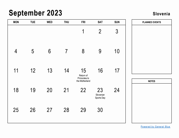 September 2023 Printable Monthly Calendar with Slovenia Holidays