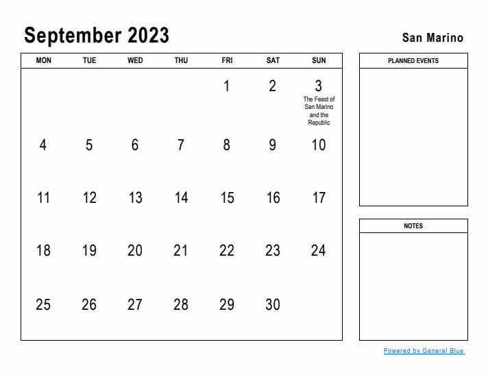 September 2023 Printable Monthly Calendar with San Marino Holidays