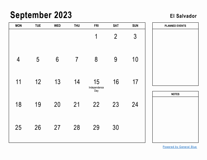 September 2023 Printable Monthly Calendar with El Salvador Holidays