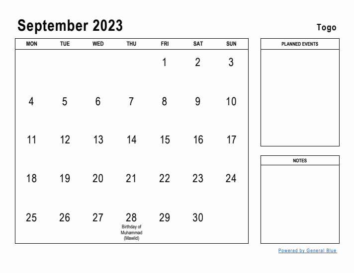 September 2023 Printable Monthly Calendar with Togo Holidays