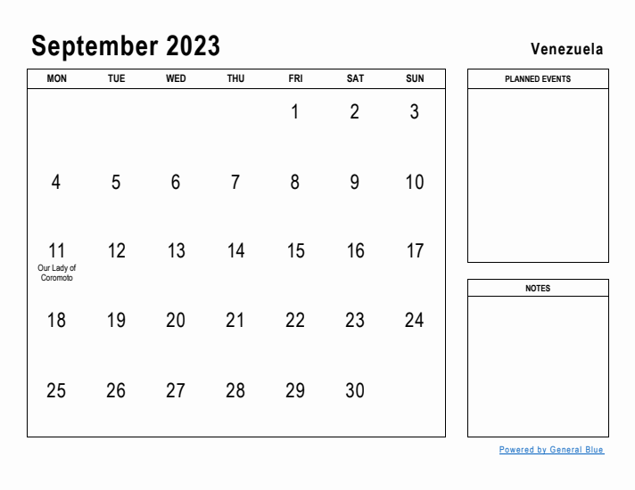 September 2023 Printable Monthly Calendar with Venezuela Holidays