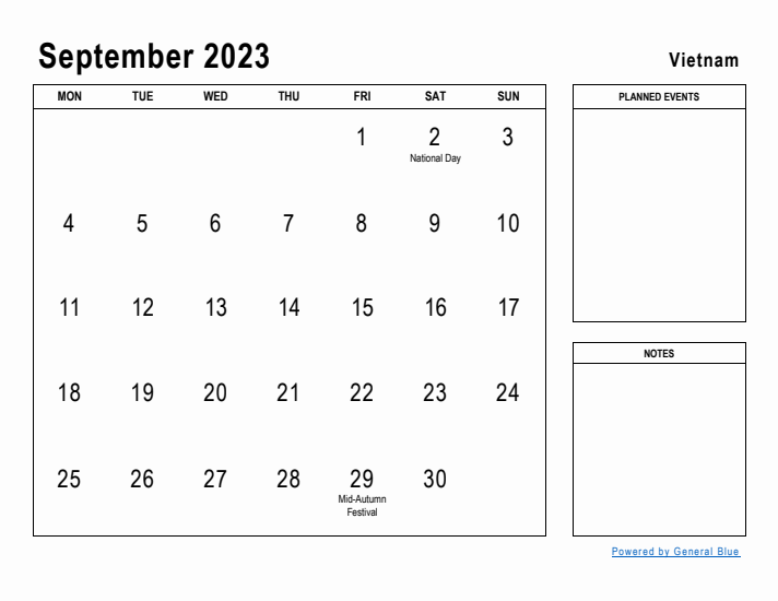 September 2023 Printable Monthly Calendar with Vietnam Holidays