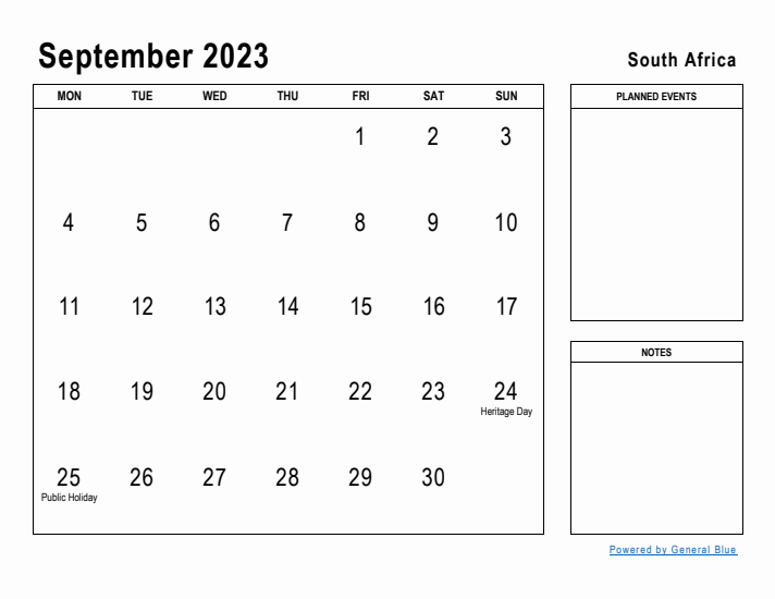 September 2023 Printable Monthly Calendar with South Africa Holidays