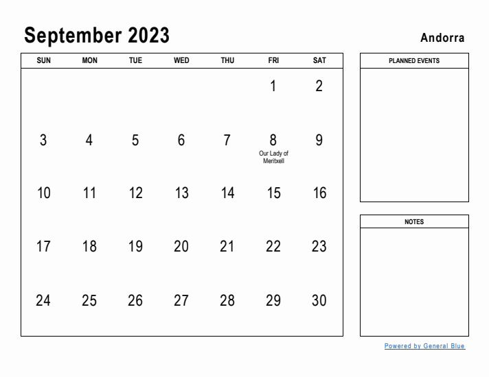 September 2023 Printable Monthly Calendar with Andorra Holidays