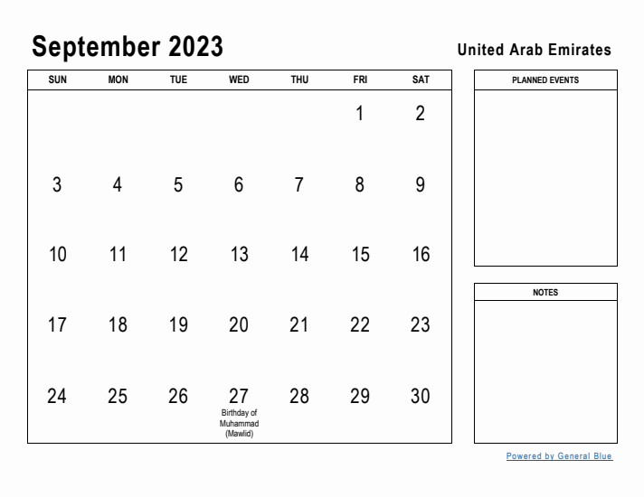 September 2023 Printable Monthly Calendar with United Arab Emirates Holidays