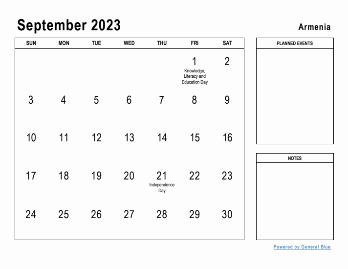 September 2023 Printable Monthly Calendar with Armenia Holidays