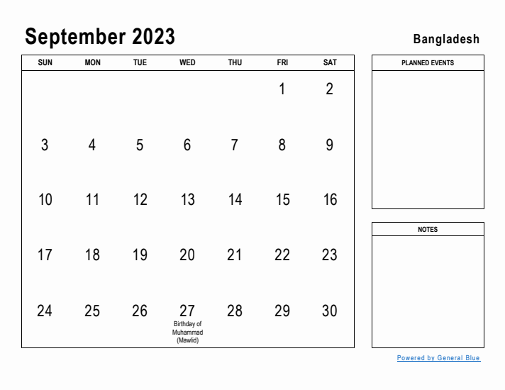 September 2023 Printable Monthly Calendar with Bangladesh Holidays