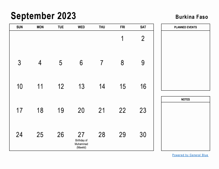 September 2023 Printable Monthly Calendar with Burkina Faso Holidays