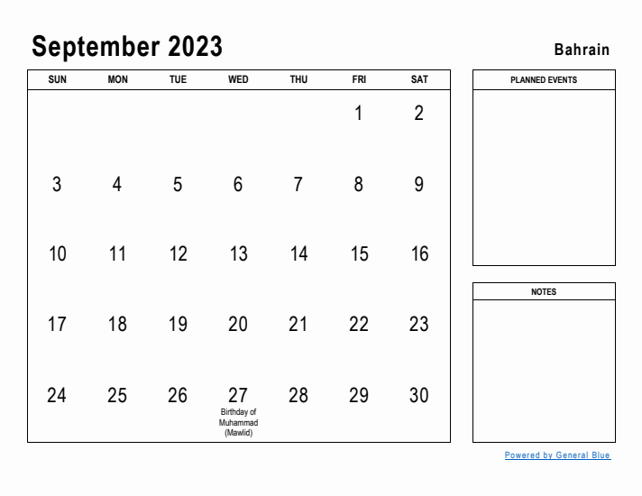 September 2023 Printable Monthly Calendar with Bahrain Holidays