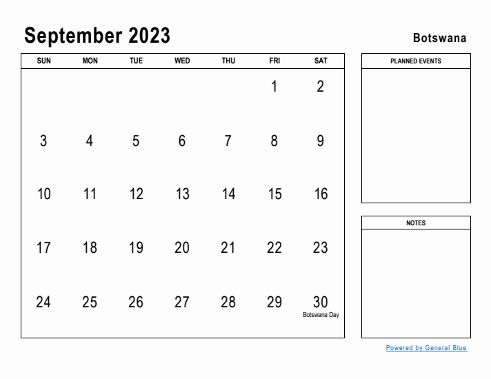 September 2023 Printable Monthly Calendar with Botswana Holidays